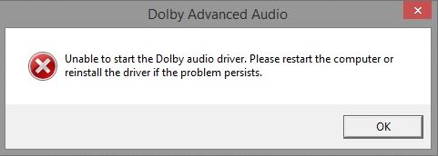 Dolby Advanced Audioのエラー：Dolby オーディオドライバーが開始 